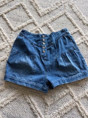 Button-Front High-Waist Denim Shorts - Blue